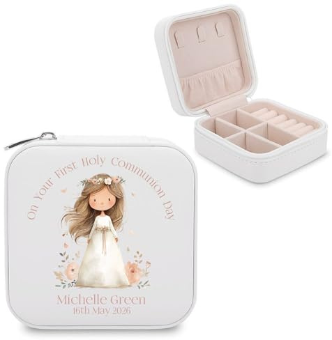 VogaClad Boite a Bijoux Personnalisée pour Première Communion – Cadeau Souvenir Élégant avec Nom et Date – Idée de Cadeau Communion Fille, Coffret pour Chapelet et Bijoux