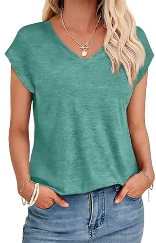 Arevill Womens V Neck T Shirts Cotton Cap Sleeve Summer Tops | Casual, Soft, Lightweight, Soft & Breathable Basic Tee, Quick Dry & Easy Care, Perfect for Summer, Workouts or Layering