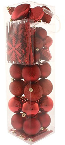 WeRChristmas 72-Piece Shatterproof Deluxe Variety Christmas Tree Baubles Decoration Pack - Red, Red