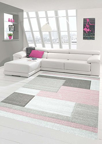 Traum Teppich Designerteppich Moderner Teppich Wohnzimmerteppich Kurzflor Teppich mit Konturenschnitt Karo Muster Pastellfarben Rosa Beige, Größe 120x170 cm