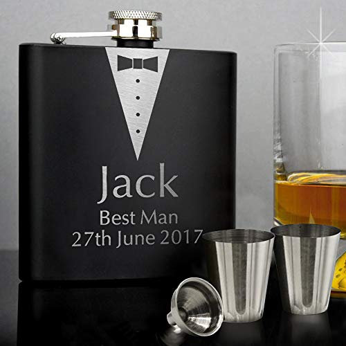Personalised Stainless Steel Hip Flask with Funnel, 2 Cups & Gift Box - Engraved Fathers Day Wedding Groomsman/Best Man/Usher Gift Set, Hand Finished in UK