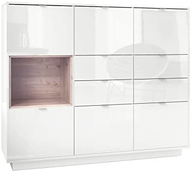 Vladon Highboard Sideboard Metro V2, Made in Germany, Korpus in Weiß Hochglanz/Fronten in Weiß Hochglanz mit Einsatz in Eiche Nordic