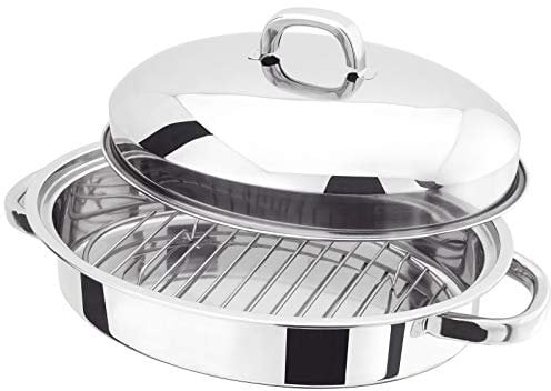 New 32CM Stainless Steel Roasting Tray PAN Set LID Handle Oval Kitchen Cooking Oven Baking | Durable Long Lasting | Removable Drain Rack | Nested LID