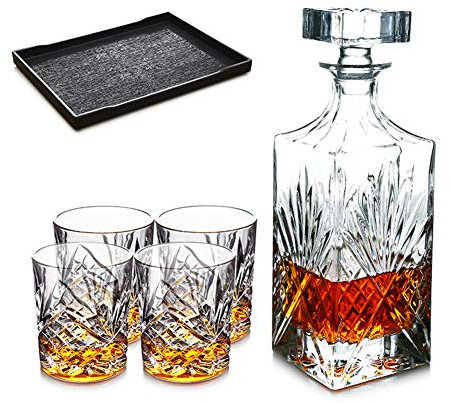 Lead Free Whiskey Decanter Gift Boxed Set with 4 Whiskey Glasses and Tray Crystal Liquor Decanter Set for Scotch Whisky in Gift Box,A