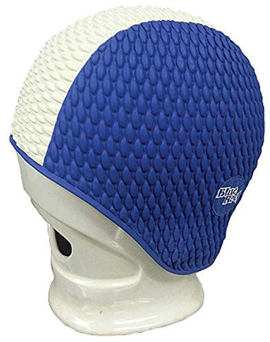 Blue Reef Bubble Combo Badekappe mit Noppeneffekt, zweifarbig, gestreift, Unisex, klassische Retro-Badekappe, Einheitsgröße für Erwachsene (Blau/Creme)