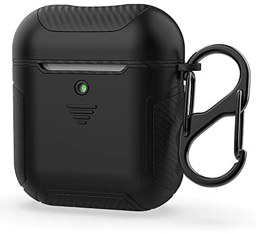 ORETECH Compatibile con Cover Airpods, Custodia per Airpods 1 e 2, Heavy Duty Airpods(1&2) Protettiva 2in1 Ibrida Silicone Gomma e Fibra di Carbonio Hard PC per Apple Airpods 2,1(LED Visibile) - Nero