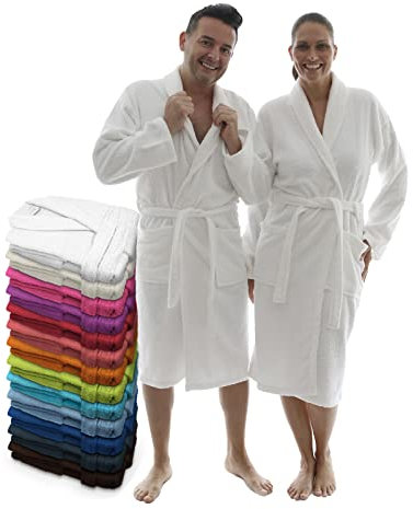 LEBENGOOD Peignoir unisexe pour femme et homme 100% coton éponge américain 400 g avec ceinture, poches, douche, peignoir doux, serviette (Blanco L)
