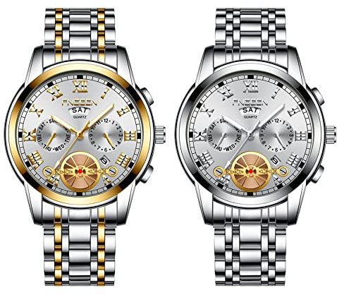 JewelryWe 2 PCS Herrenuhr Edelstahl Quarz Analog Armbanduhr 30M Wasserdicht Römische Ziffern Zifferblatt Uhr mit Woche Datum Kalender und Leuchtend Zeiger Vatertagsgeschenk, Gold Silber