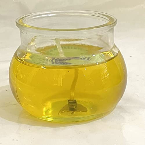 Gel Kerze im Glas lange Brenndauer Gelb Duftkerze Mimosen nachfüllbar Gartenlicht Tischkerze Höhe ca. 7 cm, Durchmesser ca. 8,5 cm mit blauem Duft Gel, Oberstdorfer Glashütte