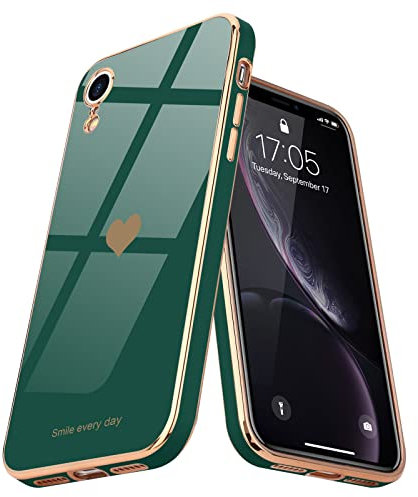 Teageo Kompatibel mit iPhone Xr Hülle, Süße Herzmuster Mädchen Handyhülle Luxuriös Galvanisierte Weich TPU Kameraschutz Kratzfest Stoßfest Schutzhülle Bumper Phone Case für iPhone Xr, Dunkelgrün