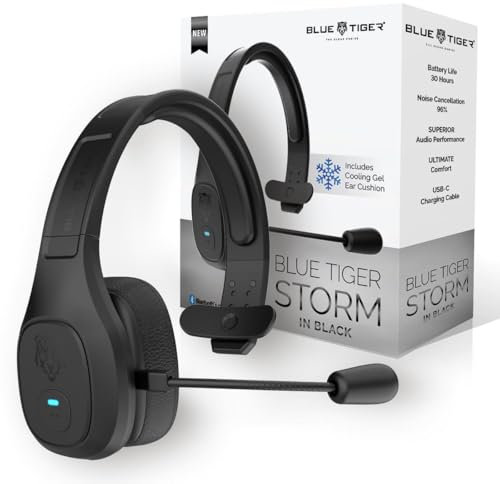 Blue Tiger Storm Black - Premium Trucker Bluetooth Headset - Wireless Noise Canceling Mono Headset with Mic - High-Fidelity Sound, 30-Hour Talk Time, USB-C Charging - for Truck Drivers, Bluetooth 5.0