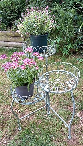 Inspirational Gifting Beautiful Verdigris Metal Folding Three-Tiered Decorative Plant Pot Holder - A Lovely Way to Display Your Plants Indoors or Outdoors