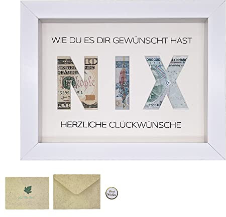 FILLYFALLA Geldgeschenk mit NIX Form im Bilderrahmen, Hochzeitsgeschenke, Geburtstag, Taufe, Weihnachten, Bilder zum Füllen Great for Geschenke für Frauen Männer Beste Freundin (weiß)