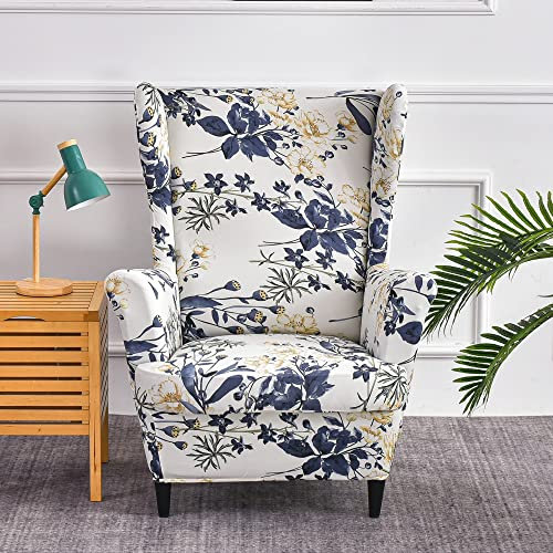 Highdi 2-Teilig Ohrensessel Bezug Sesselbezug Sesselüberwürfe Ohrensessel Überzug Elegant Blumen Stretch Sesselhusse mit Armlehne für Ohrensessel, Relaxsessel, Fernsehsessel (Blaue Blumenrebe)