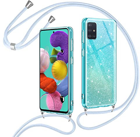 Vauki Handykette Hülle Glitzer für Samsung Galaxy A51 mit Band,Silikon Transparent Handyhülle mit Kordel Kette Handytasche zum Umhängen,Glitter Stoßfest Schutzhülle Case für Samsung A51 6.5,Violett