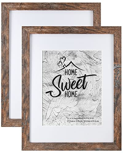 Califortree Rustic Brown 11x14 Picture Frame - Display Photos 8x10 with Mat or 11x14 Without Mat - Real Glass Inside - Set of 2