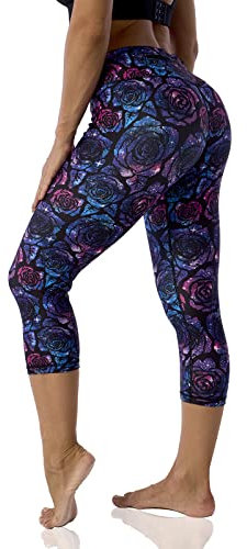 UIUO-UIPEU Bedruckte Capri-Leggings mit Taschen für Damen, Bauchkontrolle, Workout, Yoga, Caprihose, Rainbow Roses 1-2, S