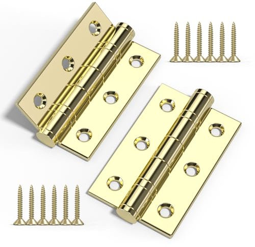 Bwintech 1 Pair 75 x 50 x 2.0mm(3 inch) Gold Plated Wire Drawing Hinge, Steel Fireproof Inner Door Hinge, Square Corners, Ball Bearing Hinge Used in Residential and Commercial Buildings
