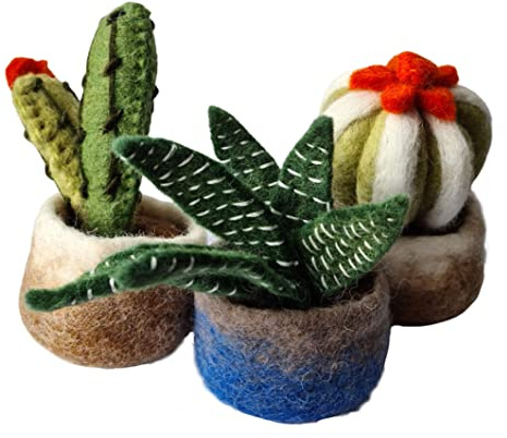 your castle Juego de 3 plantas suculentas y cactus, plantas artificiales en maceta de fieltro, comercio justo, decoración sostenible de fieltro, flores artificiales realistas, flores de fieltro,