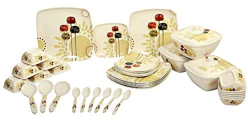 Square Shape Melamine Dinner Set 40 Pieces for Kitchen White and Multicolor