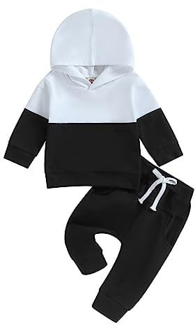 Vioyavo Infant Baby Boys 2pcs Tracksuit Long Sleeve Contrast Colors Hoodie Hooded Sweatshirt Tops Elastic Waits Long Pants Outfit (G-Black, 6-12 Months)
