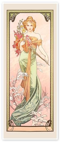 Die Vier Jahreszeiten - Frühling Poster von Alfons Mucha 40 x 100 cm Orange Wandbilder Wanddeko