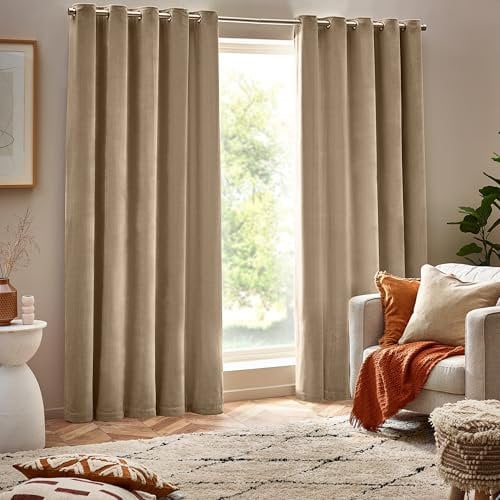 furn. Yard Heavy Chenille Eyelet Curtain Pair – Lined Room Darkening Soft Velvet Curtains (Natural - Width 168 x Drop 229cm)