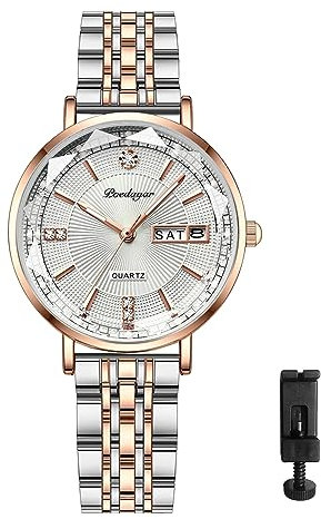 Silverora Damen Uhr Edelstahl Kalender Damenuhren Analoges Quarz Datum Uhren Diamant 3ATM Wasserdicht Armbanduhr mit leuchtenden Punktskalen Zeigern Geschenke für Frauen Mädchen Silber