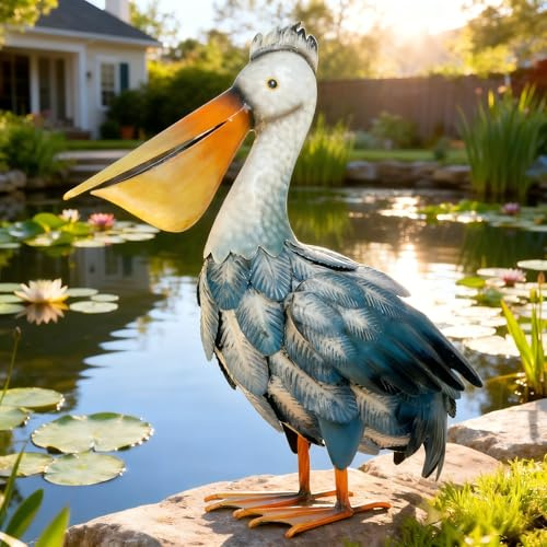 Kircust Pelican Statues, Garden Outdoor Decor Yard Art, Coastal Ocean Metal Bird Sculpture Ornament for Backyard Porch Patio Pond Decorations