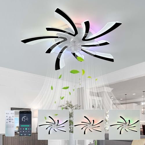 RGB Deckenventilator Mit Beleuchtung Und Fernbedienung Leise, Moderne Blume Ventilator Lampe LED Dimmbar, 6 Gang DC Motor Reversibler Deckenlampe Mit Ventilator Für Schlafzimmer Wohnzimmer-Black