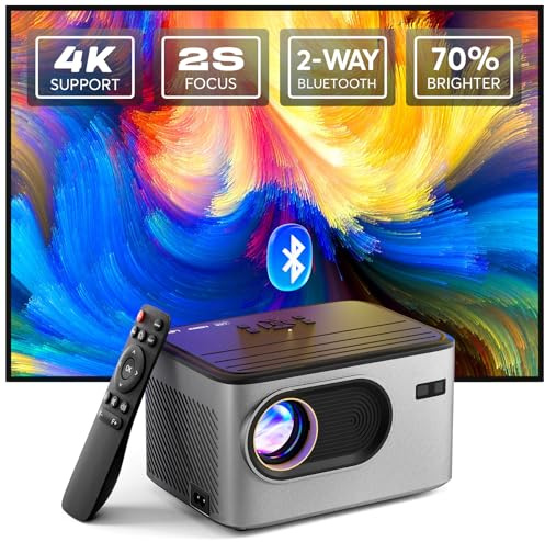 [2s Focus with Remote Control] PANSEBA 4K, 1080P Native Bluetooth Projector, Portable Outdoor Movie Projector, Mini Projector for Home Theater, Smartphone Compatible