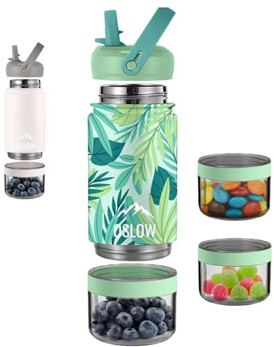 OSLOW® Gourde Isotherme avec Compartiment (300+115mL) – Bouteille d’Eau en Acier Inoxydable avec Paille & Anse – Idéal Pour le Sport – Boissons Chaudes & Froides – Sans BPA – 2 Couleurs (Tropicale)