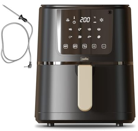 Cello 4 Litre 1400W Digital Air Fryer in Black with In-Built ProChef Food Thermometer 8 Presets, Grill, Roast, Bake, Recipes included, Non-Stick, Touch Control, Compact, Dishwasher Proof 2024 model