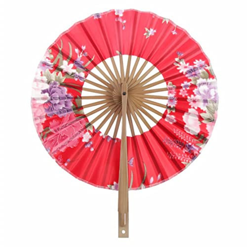 XUEYEGONGJI Floral Folding Hand Fan Bamboo Silk Japanese Cherry Windmill Fan Vintage Round Dance Fan for Gift Wedding Favors, Floral Round Folding Hand Fan