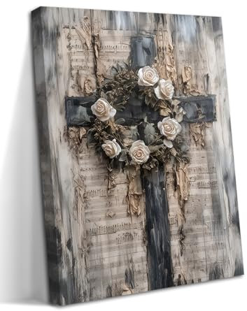 Christliche Wandkunst, Vintage-Kreuz, weißer Rosenkranz, Leinwand, Gemälde, Drucke, Poster, Wanddekoration, Retro, religiöse Musiknote, Kirchendekoration, geeignet für Arbeitszimmer, Gebetsraum, 61 x