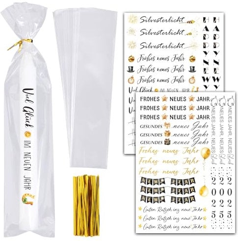 BOOMTOP Kerzen Tattoo Silvester 2025 2Blatt Kerzen Tattoos Aufkleber Frohes Neues Jahr Rub On Sticker Neujahr mit 50x Kerzentüten Candle Bags Silvester Kerzensticker für Stabkerzen Tasse Gold