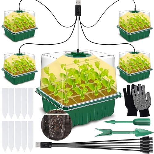 ZQEJEFD Mini Cultivo de Invernadero, 5Pcs Bandejas Semilleros con Lámpara, Caja de Cultivo de Invernadero Interior con Tapa y Ventilaciones, 10 Etiquetas 2 Herramientas, Plantas Bandeja de Plántulas