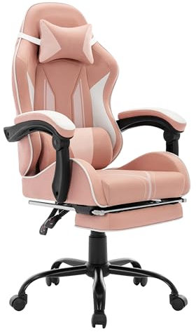 NSMAZXO Gaming Stuhl mit Fußstütze Ergonomisch mit Kopfstütze&Lendenkissen-Bürostuhl mit Premium-Technikstoff&130kg Tragfähig für Esports/Homeoffice/Zocken (Erwachsene/Jugendliche/Kinder)-Rosa