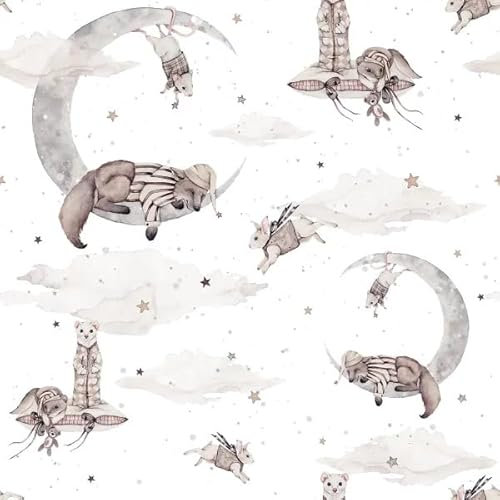 Dreamers Wallpaper, Animal Pattern on the Moon, White and Grey, Decorative for Children's Room