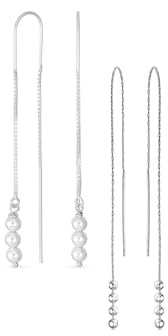 Set di due orecchini a filo con gancio a catena lunga sottile, eleganza minimalista geometrica, con quattro perline e tre perle bianche simulate per donne e adolescenti, in argento sterling .925 con
