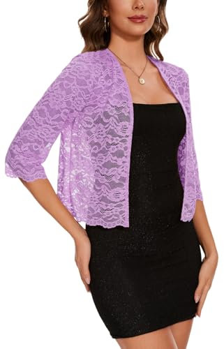 MINTLIMIT Damen-Strickjacke mit offener Vorderseite, Spitzen-Bolero, 3/4-Ärmel, lässig, elegant, Oberteil, P-Flieder, XL
