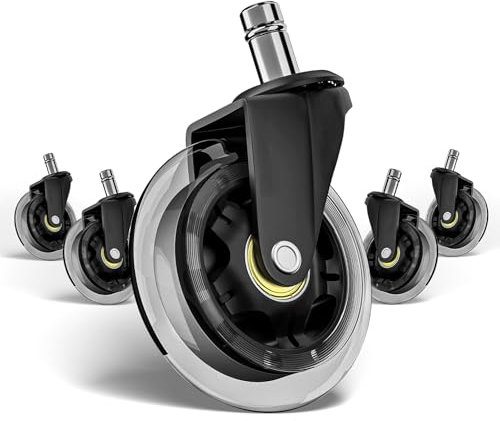 YADOBIG 5 Stücke Bürostuhl Rollen, Rollen für Bürostühle 11mm x 22mm, Sehr Leise Bürostuhlrollen, Gummirollen Hartbodenrollen für Teppich Laminat und Fliesen, 3 Zoll