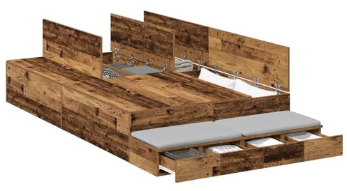 vidaXL Stauraumbettgestell Altes Holz 120X190 cm Massiv Ample Schubladen Rustikales Design Einfache Montage Innen Schlafzimmer Möbel Holzbett Lösung Erwachsenen Platzsparer Matratzenunterstützung