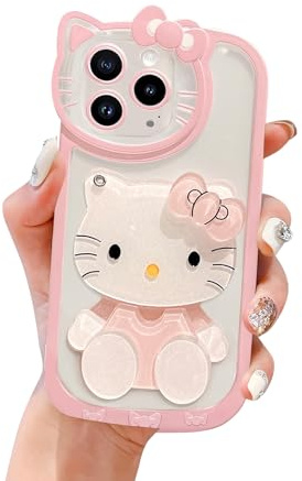 USUGER Cute Kawaii Cartoon Phone Case for iPhone 14 Pro Max Built-in Makeup Mirror for Women Girls, Soft Silicone Transparent Protective Phone Case for iPhone 14 Pro Max 6.7 Inch, Pink