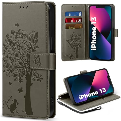 EASDNB Handyhülle für iPhone 13 Hülle Lederhülle Flip Wallet Case | 3 Kartenfächer, Magnet, Ständer, Premium Leder Prägung, Magnetic Closure, RFID Blockierung Klapphülle, Grau