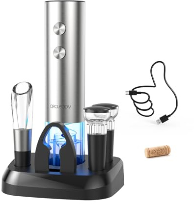 CIRCLE JOY Elektrischer Weinkorkenzieher mit Ladestation, 6-in-1 wiederaufladbares Weinöffner-Set, Korkenzieher aus Edelstahl mit Folienschneider, Weinbelüfter und 2 Vakuumverschlüssen