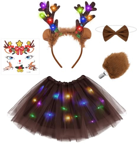 AOOWU Costume da Renna Bambina Set, 5 Pezzi Vestito Renna Bambina, Luminoso Costume Bambina con LED Gonna Tutu, LED Cerchietto, Tatuaggi Temporanei, per Cosplay Carnevale Halloween Natale