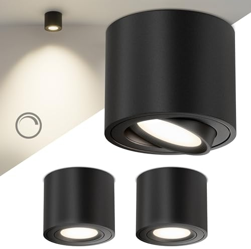Scandinavian home LED Aufbauspot 3er Set inkl. LED Modul 230V Dimmbar, Warmweiß 3000K, 470lm, CRI 90+ I Deckenspots Aufputz Ø80x65mm I Spots Deckenleuchte Flach I Aufbaustrahler Schwarz