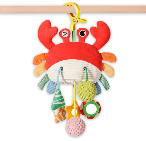 Vamotto Crab Car Seat & Stroller Toy for Babies 0-12 Months | Sensory Hanging Toy with Mirror, Squeaker,Teether,Bell, BPA-Free Pull Strings, Fine Motor Skills for Newborn Infant Boy Girl