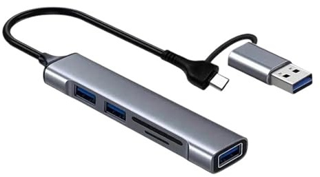 AMISENK 5 in 1 USB+Type C Card Reader USB3.0 Extender Adapter Portable Aluminum USB Splitter for Laptop PC Camera Office Fast Data Transfer